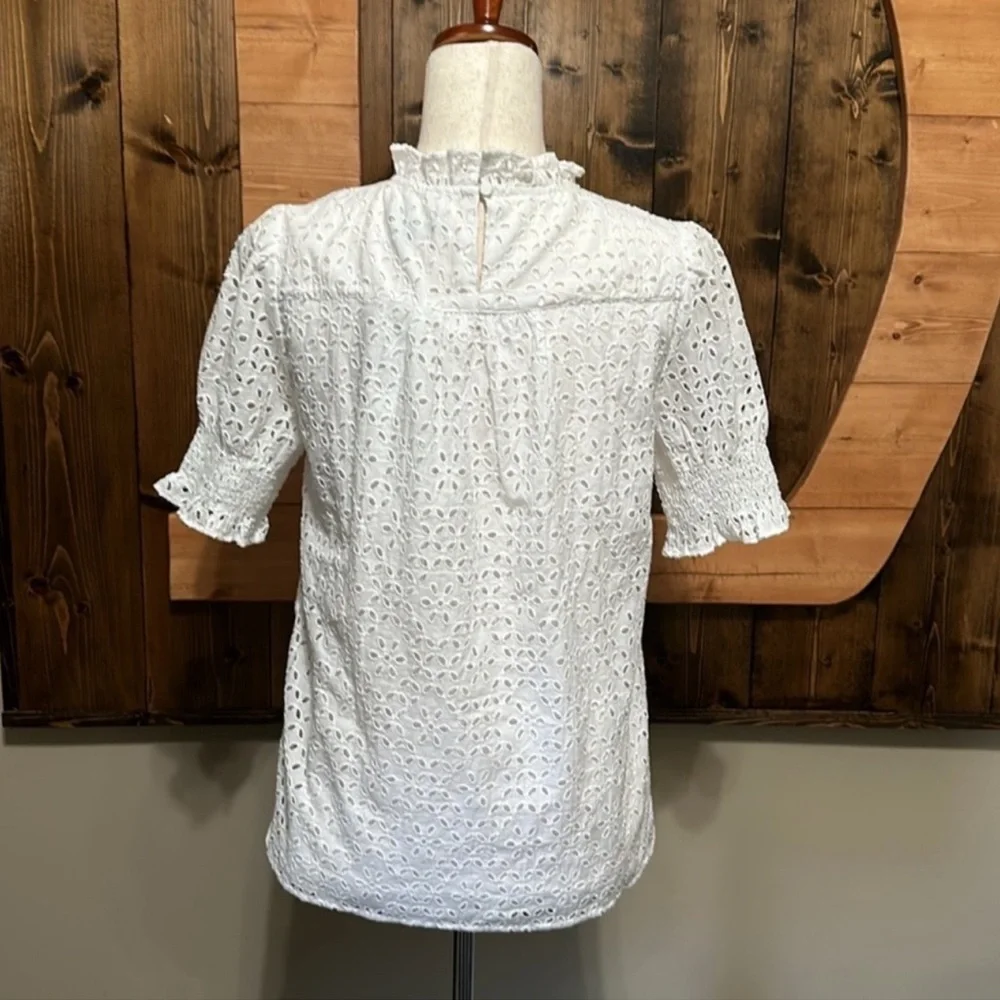 J.Crew Smocked Puff-Sleeve Top in White Eyelet